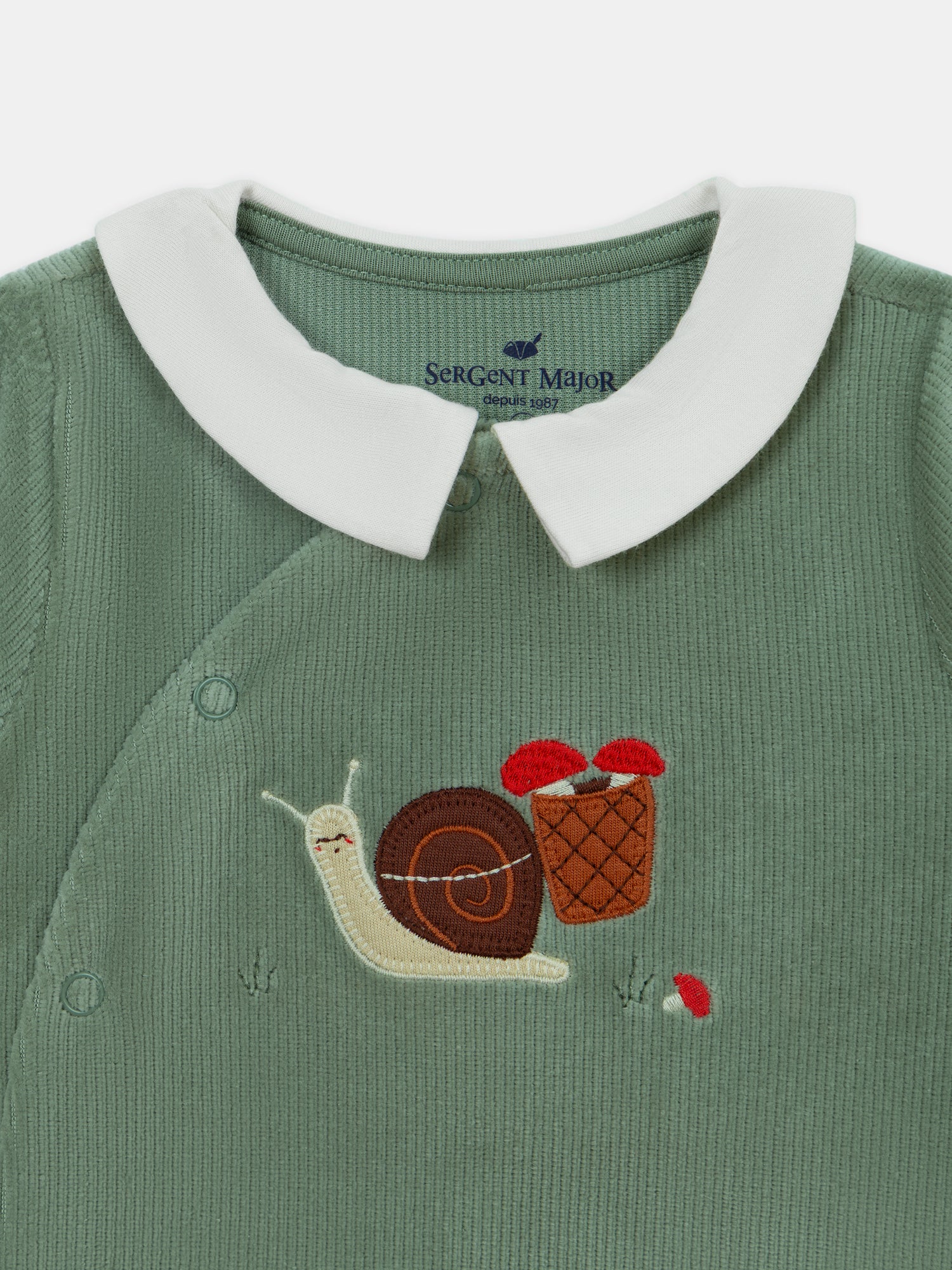 Grey-green velour snail-embroidered bodysuit baby boy