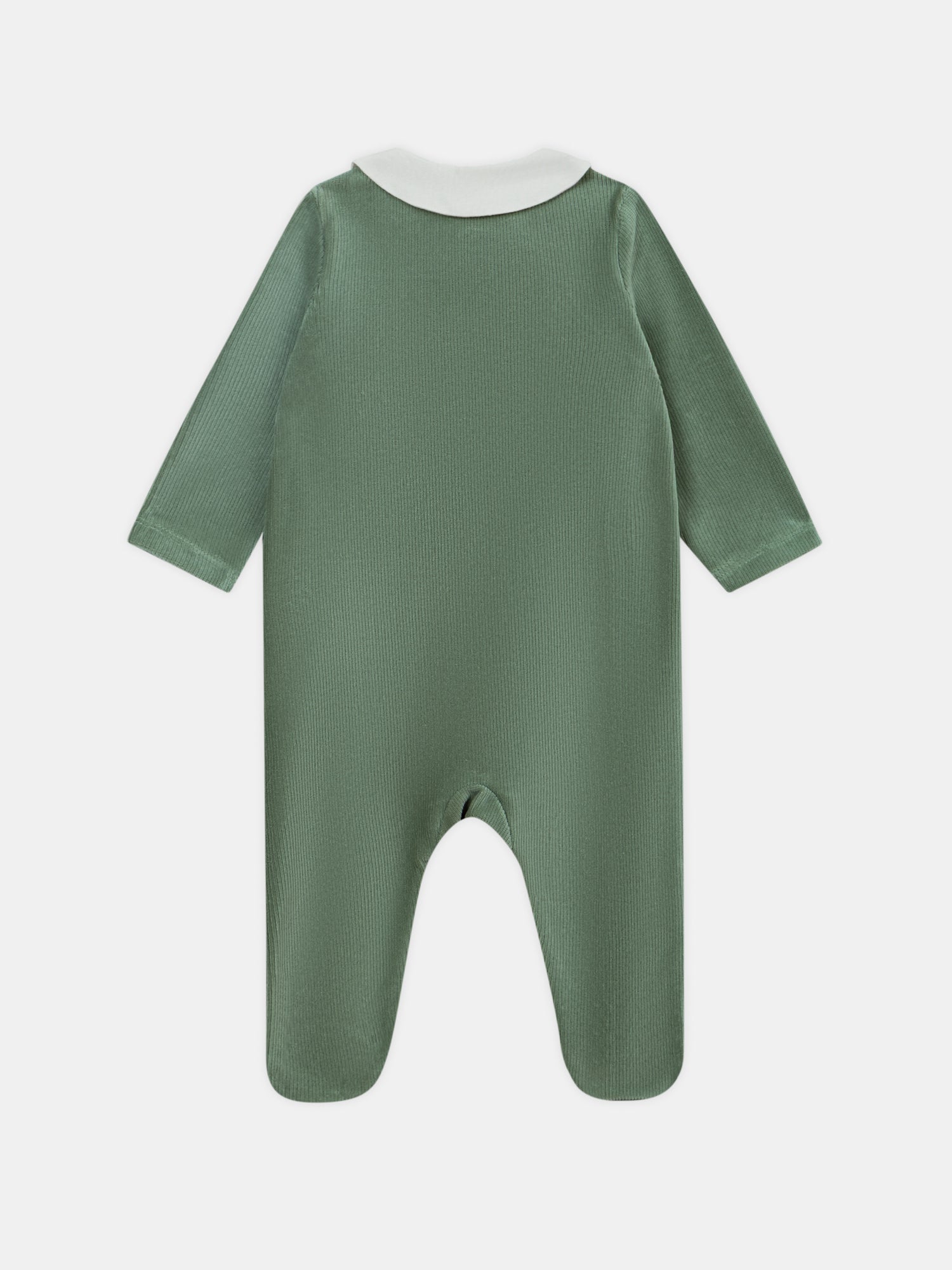 Grey-green velour snail-embroidered bodysuit baby boy
