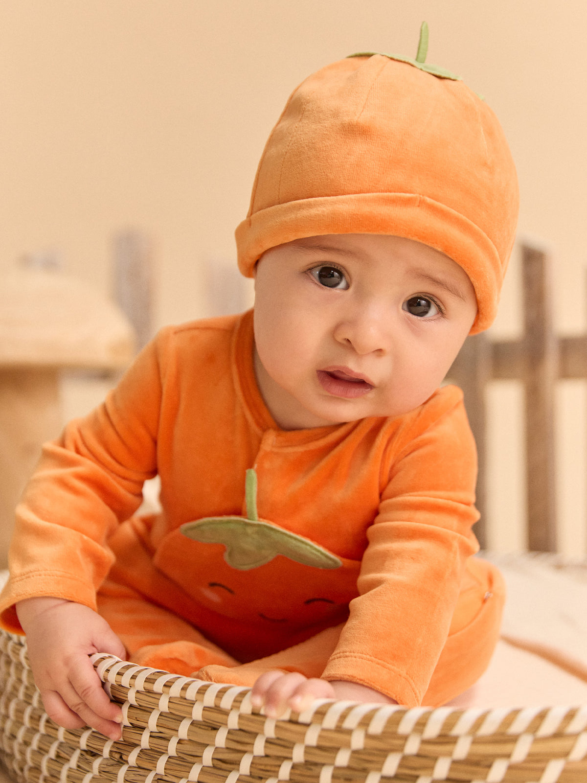 Orange Velvet Pumpkin Sleepsuit + Hat for Baby Boys