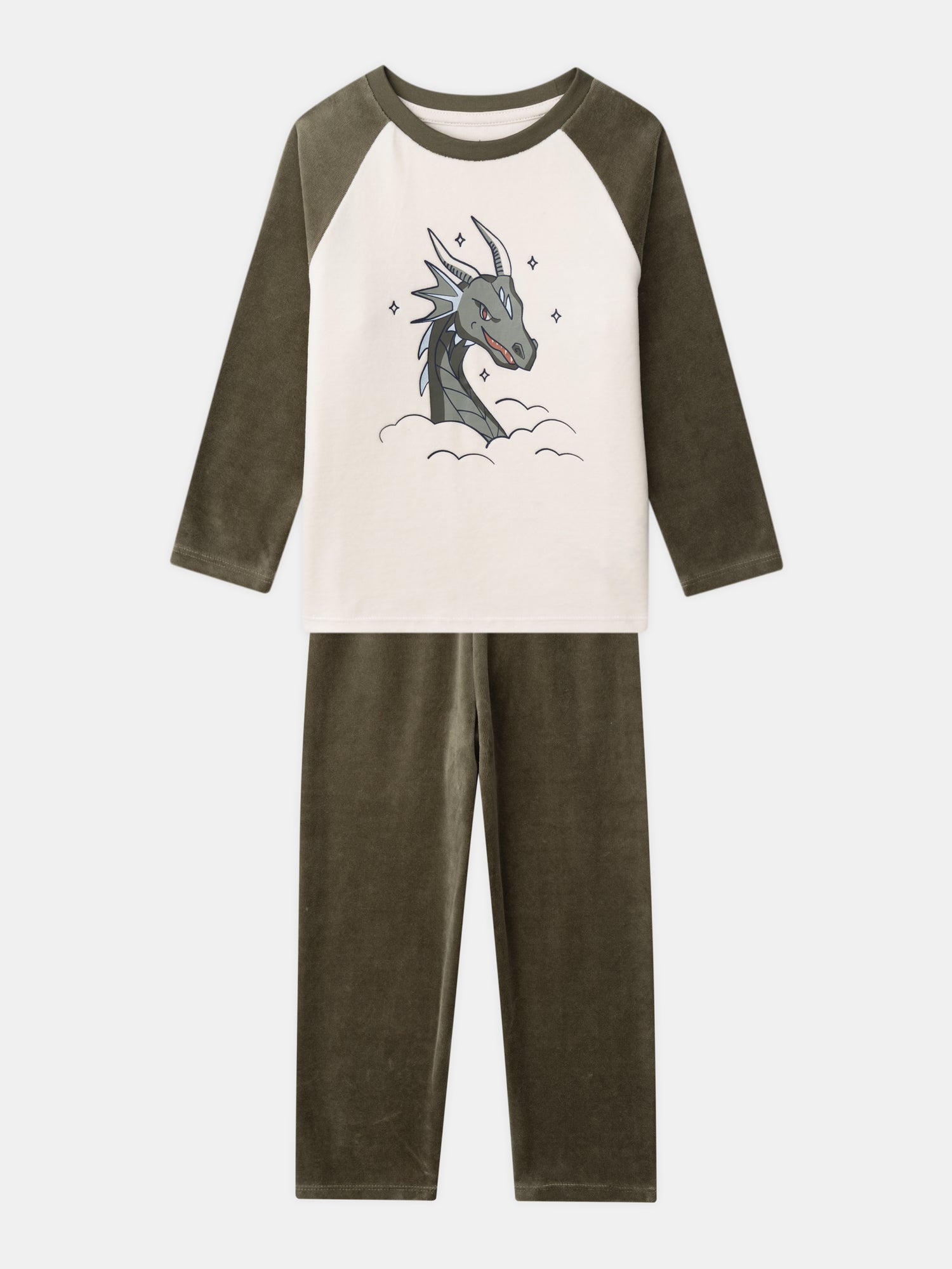 Ecru and Khaki Velvet Pyjamas Printed Dragon for Boy