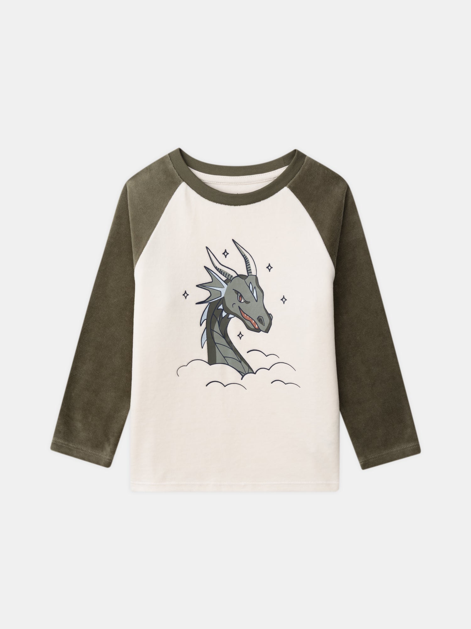 Ecru and Khaki Velvet Pyjamas Printed Dragon for Boy