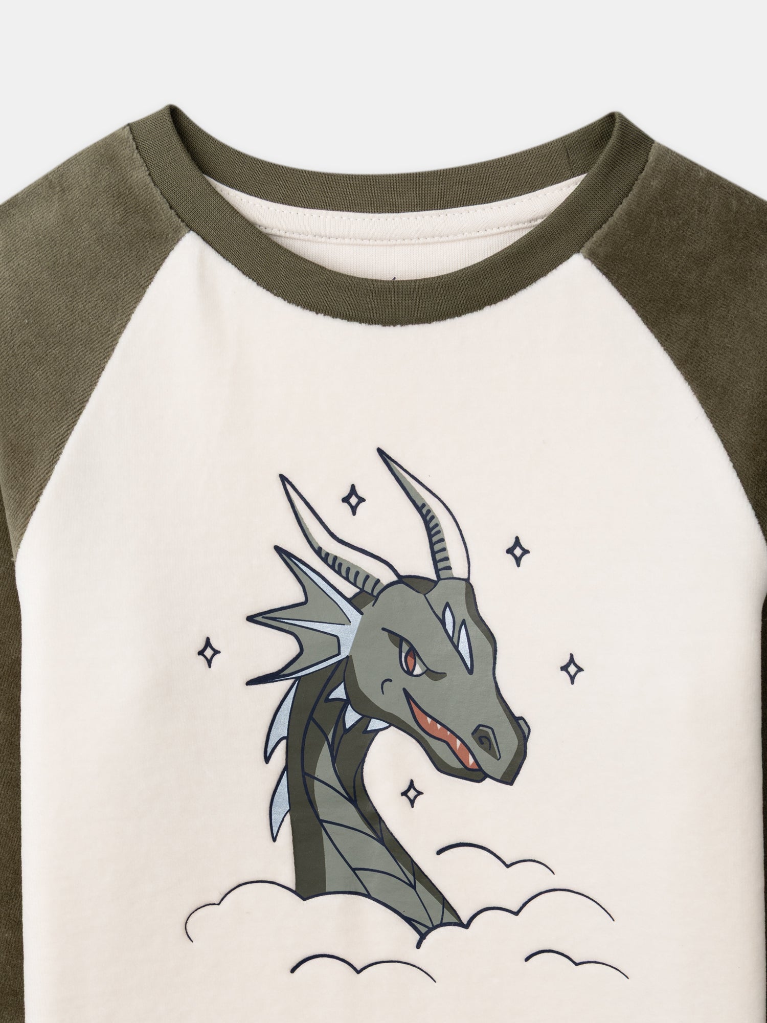 Ecru and Khaki Velvet Pyjamas Printed Dragon for Boy