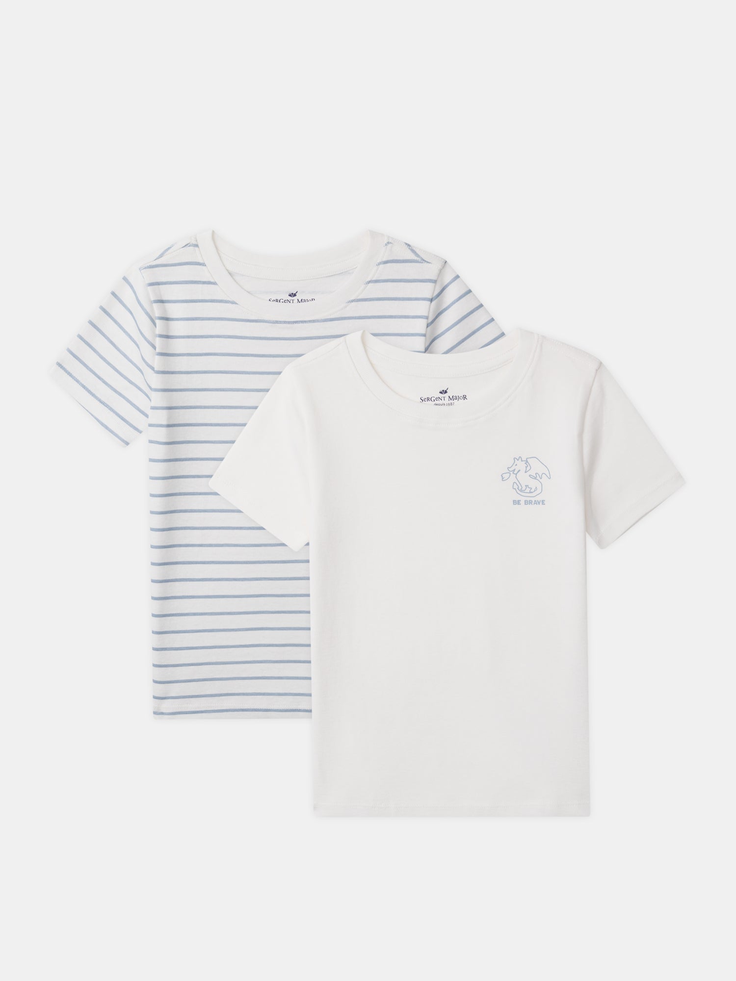 Lot of 2 ecru t-shirts with dragon print or blue stripes for boys