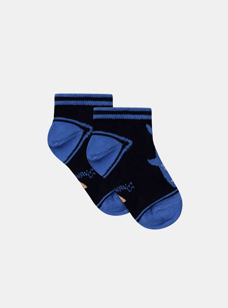 Blue socks with jacquard motif and jersey shark animation Blue socks with jacquard motif and jersey shark animation KLOCHAGE / 24E4PGS1SOQC234