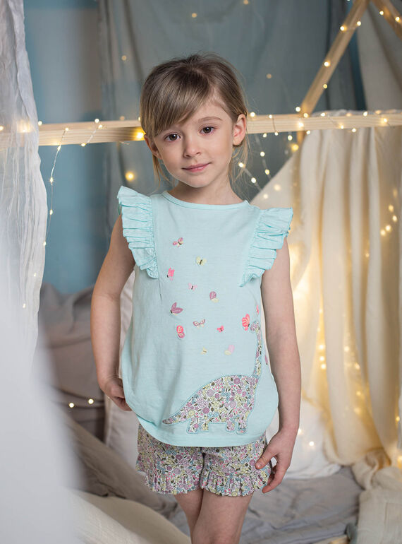 Child girl's turquoise blue dinosaur and flower pajamas CHOUFIETTE / 22E5PF51PYJ203