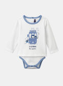 Ecru and light blue t-shirt bodysuit with tramway and animal motifs LADULIO / 24H1BGJ1BOD001