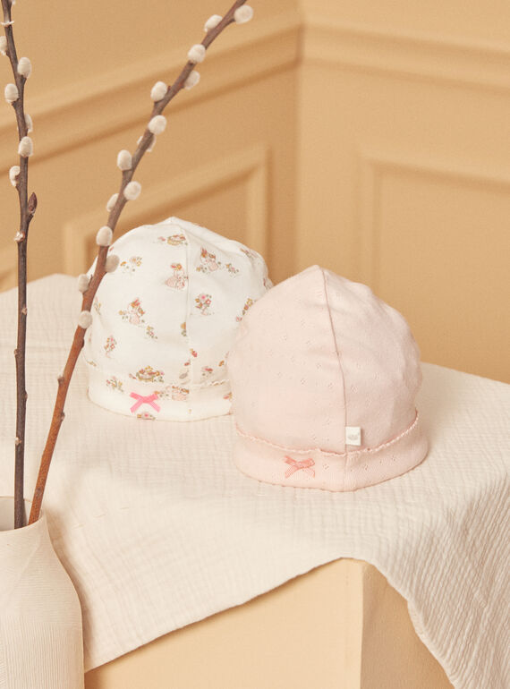 2 ecru and pink cotton baby beanies LOREEN / 24H0AF11BNA001