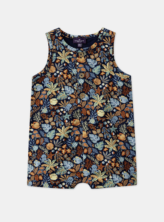 Navy blue poplin playsuit with multicoloured leaves and fish print KAYANIS / 24E1BGS1CBL070
