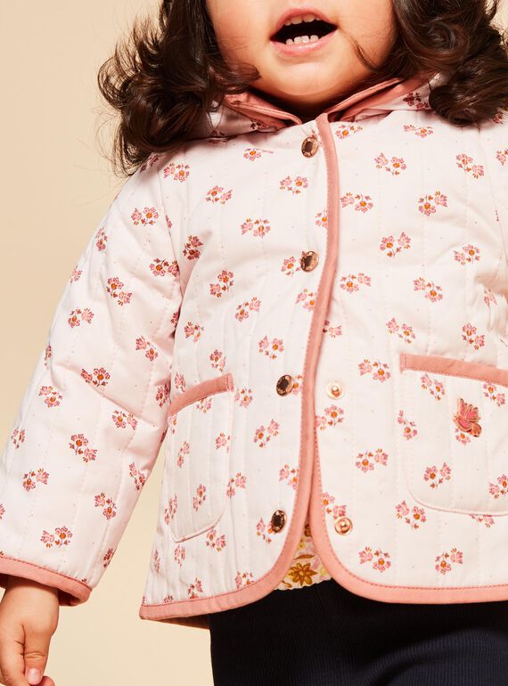 Pale pink quilted hooded coat with flower print. FIMARIE / 23E1BF51VESD319