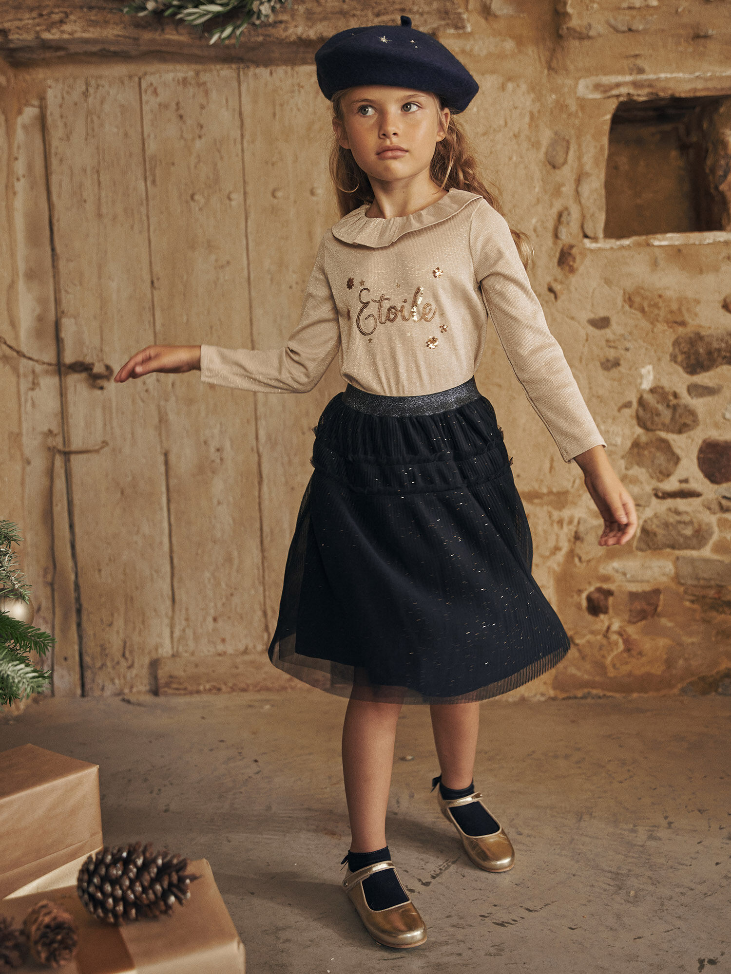 Navy blue skirt in sequined tulle Girl Sergent Major