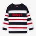 Navy, ecru and red striped sweater with Enjoy lettering child boy