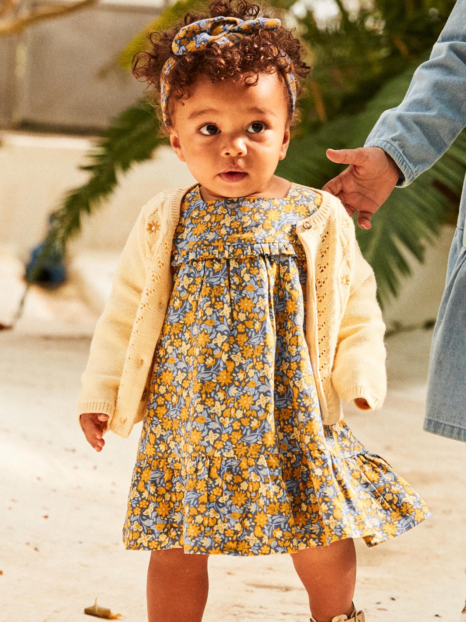 Navy blue floral print ruffle dress
