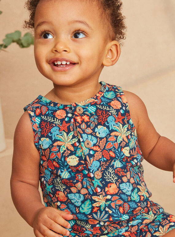 Navy blue poplin playsuit with multicoloured leaves and fish print KAYANIS / 24E1BGS1CBL070