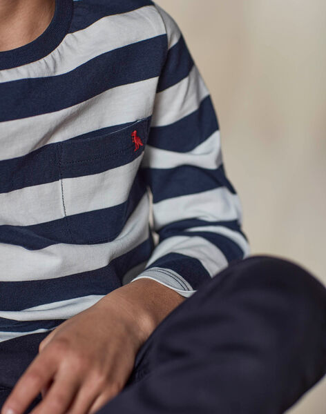 Child boy's ecru and navy blue striped t-shirt with pocket CAXIOLAGE1 / 22E3PGF2TML705