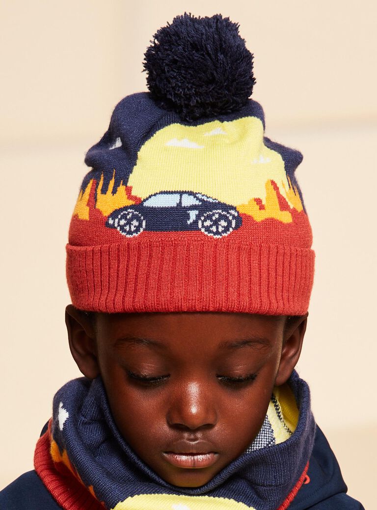 Navy blue landscape pom-pom beanie FRAVOTAGE / 23E4PG51BON506