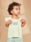 Yellow and Blue Floral and Bird Patterned Ribbed Cut-out T-shirt KAUGENIE / 24E1BFR1TEE103