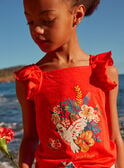 Red top with multicoloured jersey flowers and parrot motifs KLOPERETTE / 24E2PFS1DEB050