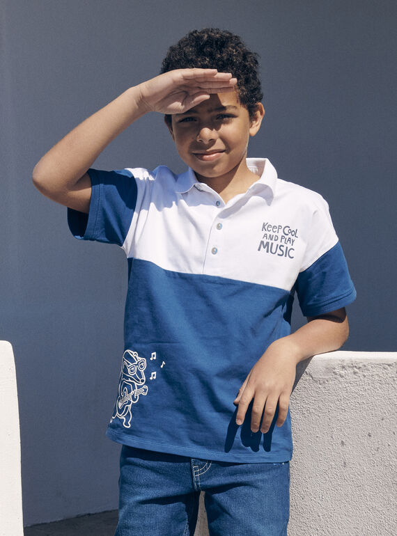 Blue and white jersey polo shirt with guitar badger motif LEPOLAGE / 24H3PGJ1POL000