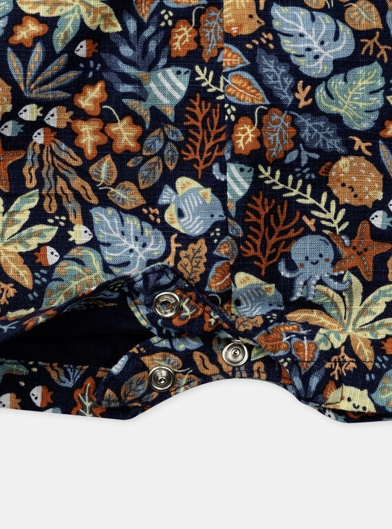 Navy blue poplin playsuit with multicoloured leaves and fish print KAYANIS / 24E1BGS1CBL070