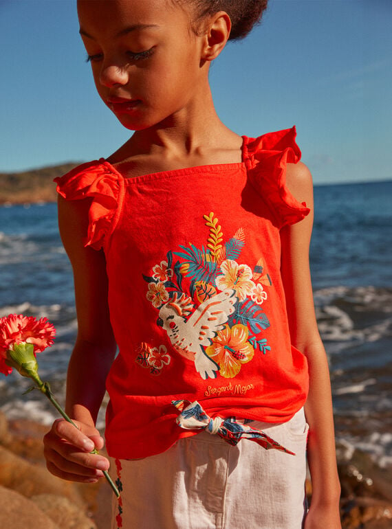 Red top with multicoloured jersey flowers and parrot motifs KLOPERETTE / 24E2PFS1DEB050