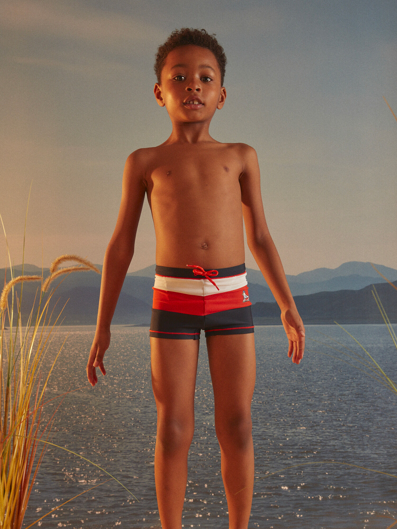 Mens blue and white striped swim shorts outlet