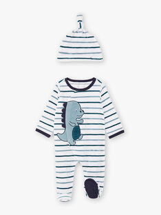 Baby boy's blue and white striped sleep suit with dinosaur print and beanie BEAYME / 21H5BG67GREG610