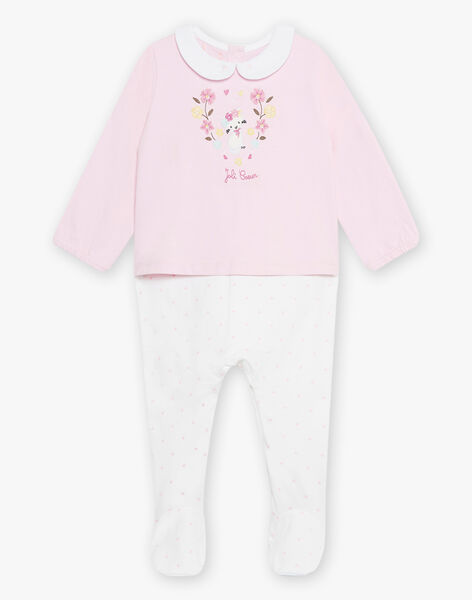 Baby girl pink and ecru romper with kitten and flower print CEGAELLE / 22E5BF52GRED315