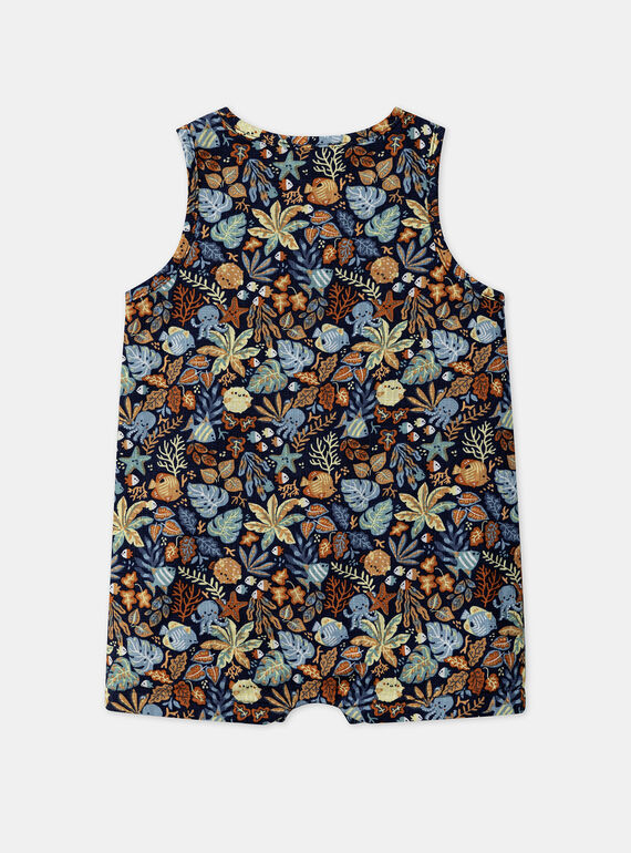 Navy blue poplin playsuit with multicoloured leaves and fish print KAYANIS / 24E1BGS1CBL070