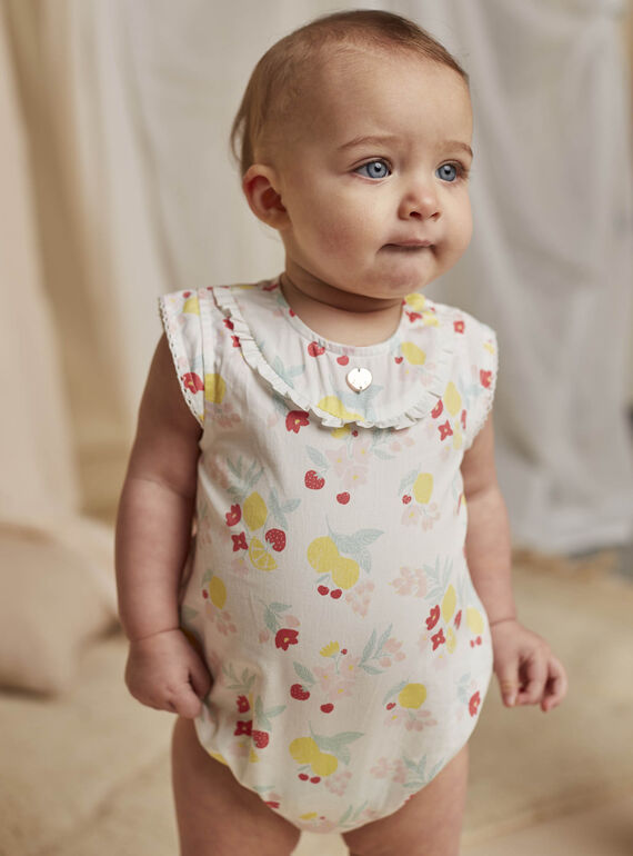White cotton sateen romper and headband with fruit and flower print, birth girl CONSUELA / 22E0CFI3ENS000