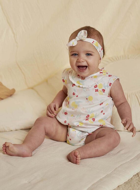 White cotton sateen romper and headband with fruit and flower print, birth girl CONSUELA / 22E0CFI3ENS000