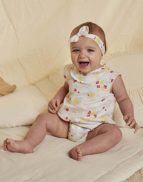 White cotton sateen romper and headband with fruit and flower print, birth girl CONSUELA / 22E0CFI3ENS000