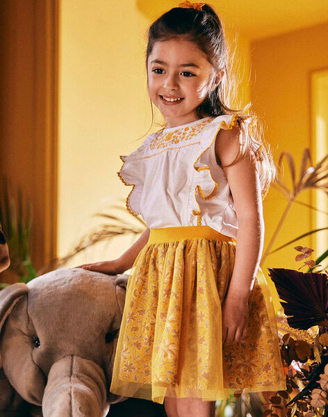 Child girl mustard yellow skirt with satin and tulle floral print COTUETTE / 22E2PF91JUPB106