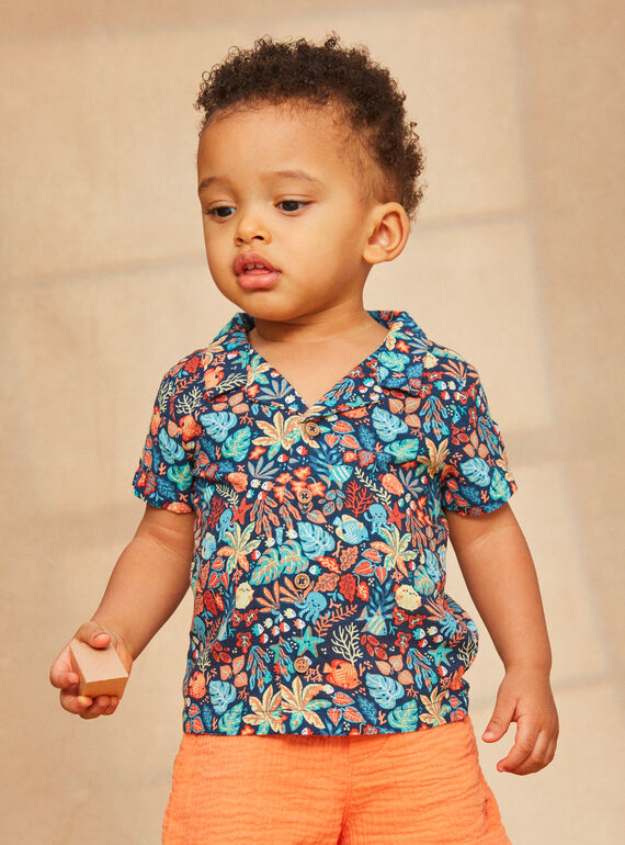 Navy blue shirt with marine animal and multicoloured leaves print KAYAEL / 24E1BGS1CHM070