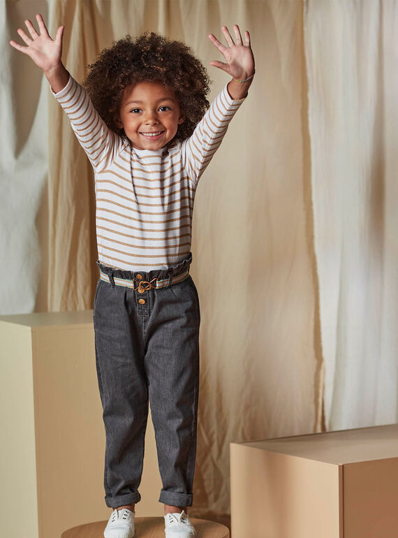 Child girl grey paperbag denim jeans with striped belt CLODETTE2 / 22E2PFF1JEAK004