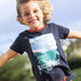 Navy blue T-shirt with child boy rowing poster