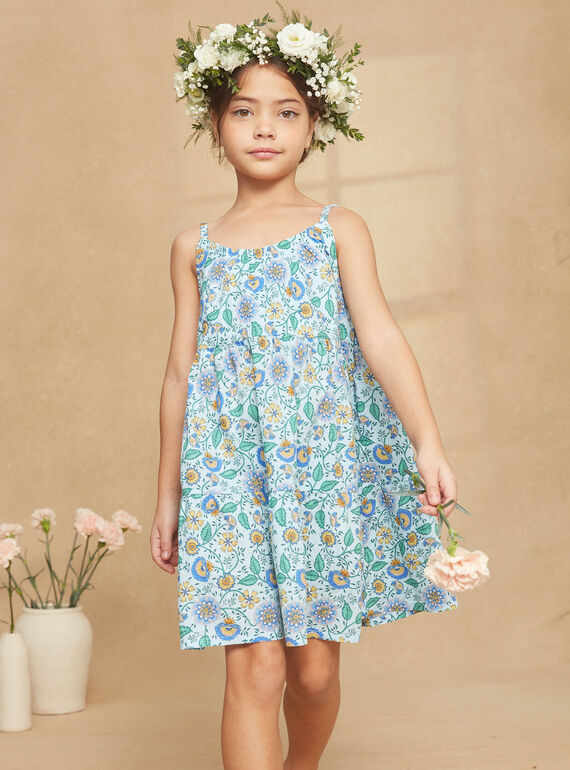 Turquoise ruffled short dress with floral print KRUROBETTE 2 / 24E2PFK4RBS020