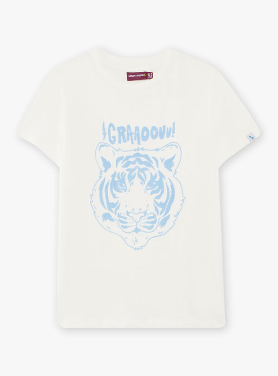 Child boy's ecru and light blue textured tiger t-shirt CAZOTAGE3 / 22E3PGF1TMC001