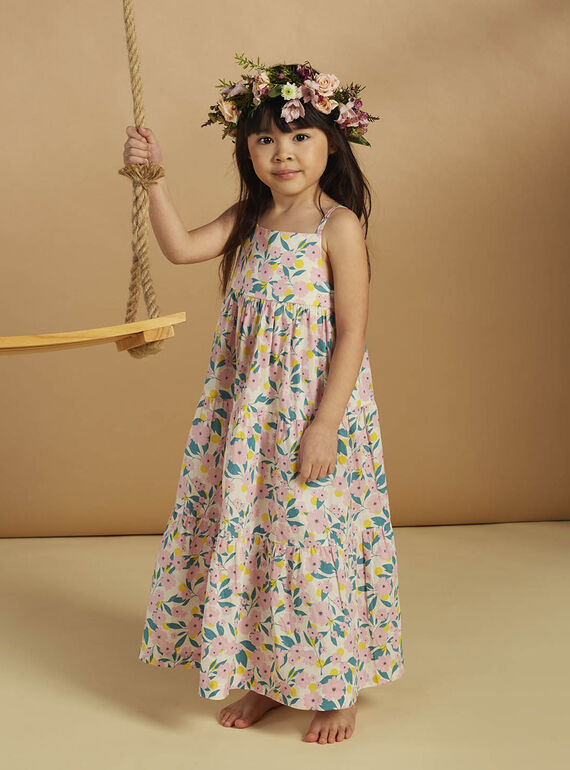 Off-white poplin midi dress with ruffles and floral print child girl CAUROBETTE 2 / 22E2PFU4RBSA001