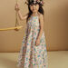 Off-white poplin midi dress with ruffles and floral print child girl
