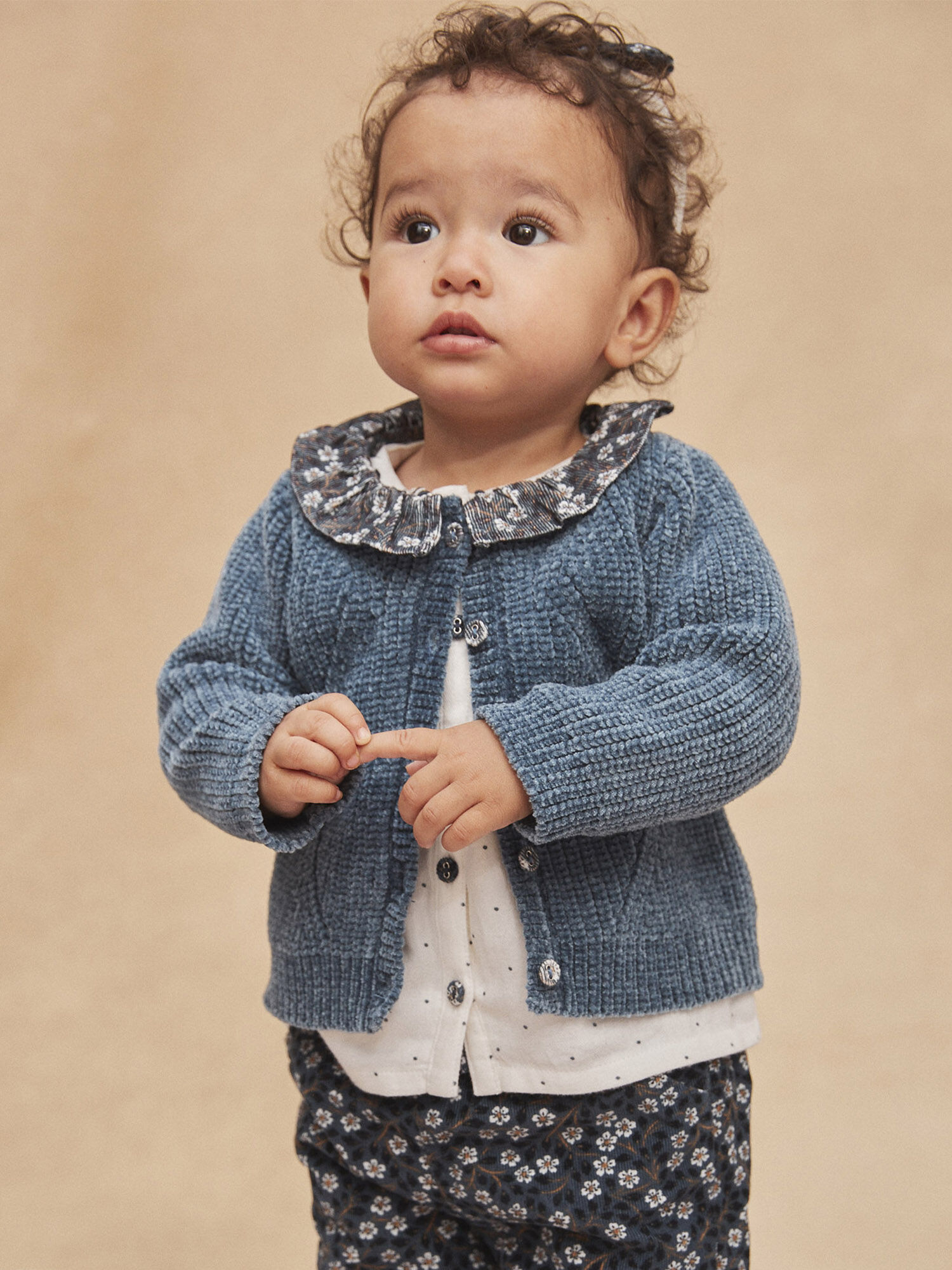 Slate blue openwork chenille cardigan