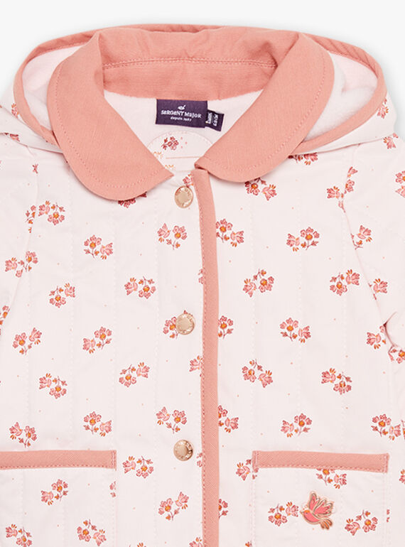Pale pink quilted hooded coat with flower print. FIMARIE / 23E1BF51VESD319