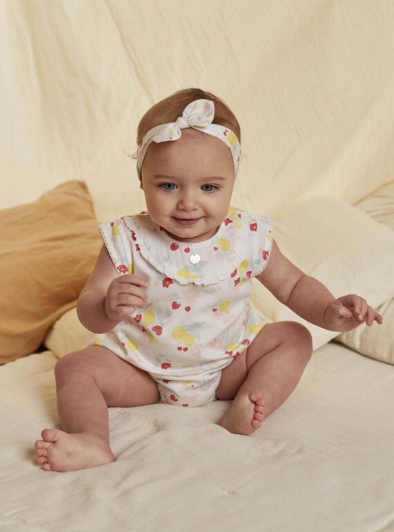White cotton sateen romper and headband with fruit and flower print, birth girl CONSUELA / 22E0CFI3ENS000