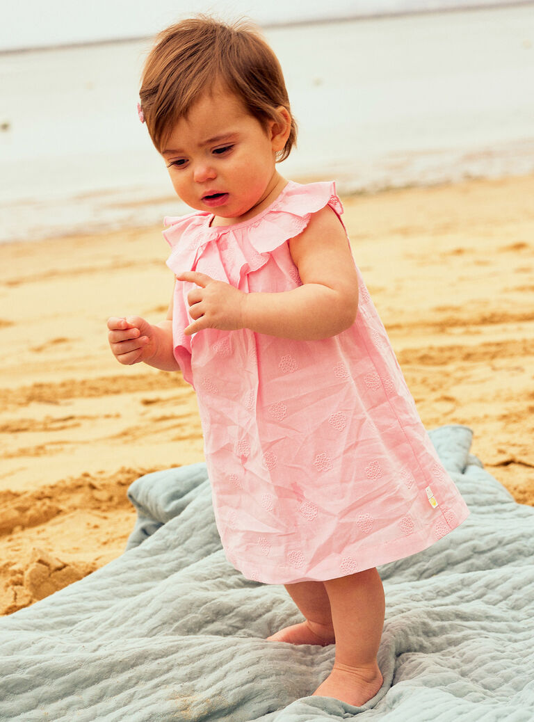 Baby girl pink poplin dress with shell embroidery and bloomer CASOLEIL / 22E1BFN1ROBD315