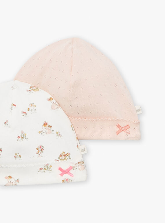 2 ecru and pink cotton baby beanies LOREEN / 24H0AF11BNA001