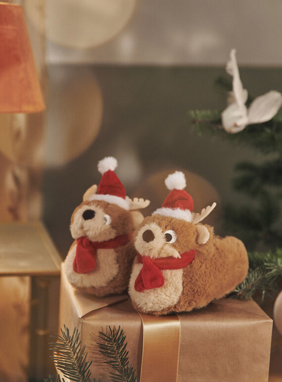 Brown slippers with 3D Christmas reindeer animation GRYNOELAGE / 23F10PG62PTD802