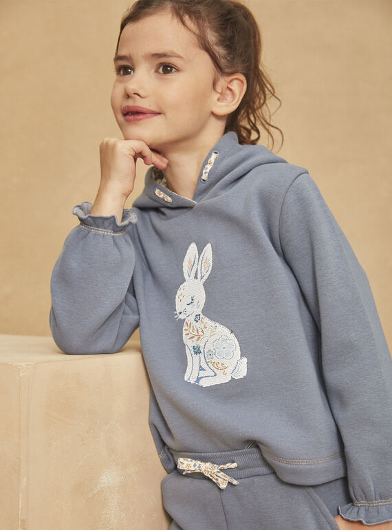 Reversible blue hoodie with sequined rabbit animation GRISWOETTE / 23H2PFP1SWEC206