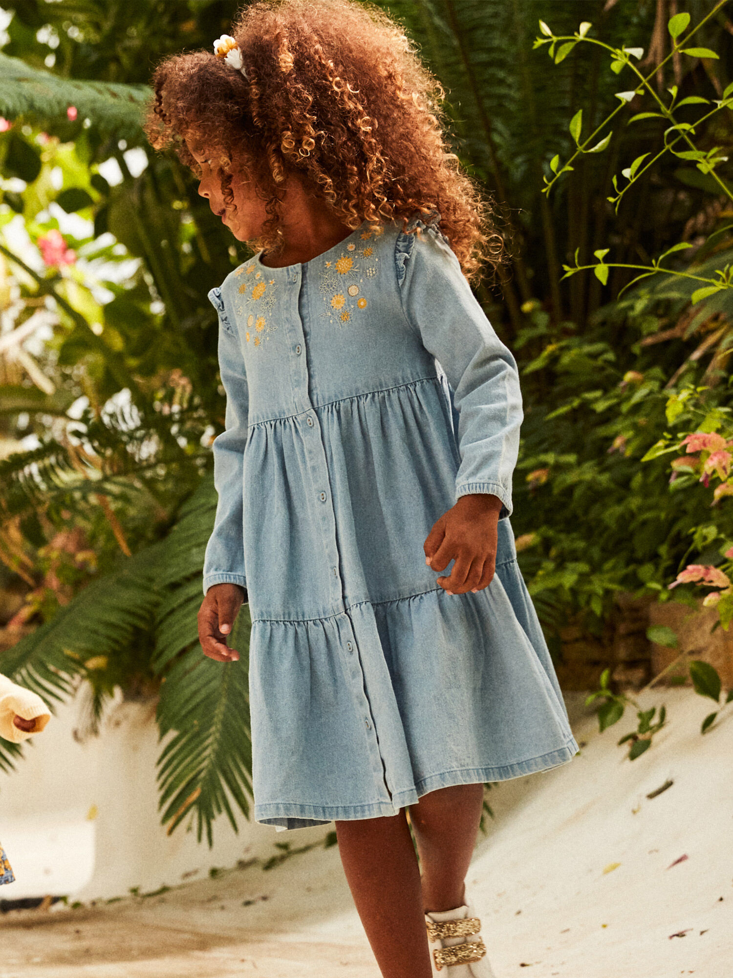 Blue denim dress with floral embroidery
