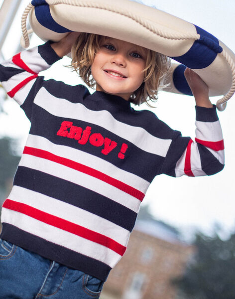 Navy, ecru and red striped sweater with Enjoy lettering child boy CEPULAGE / 22E3PG81PUL070