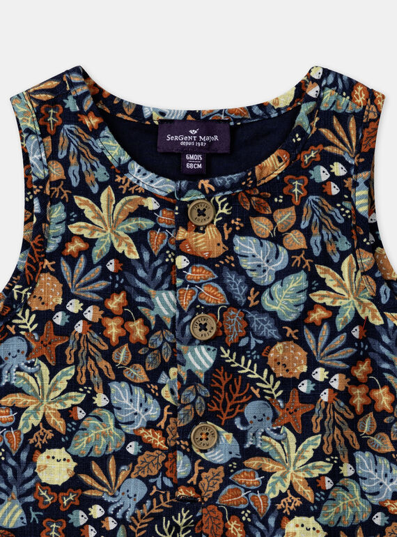 Navy blue poplin playsuit with multicoloured leaves and fish print KAYANIS / 24E1BGS1CBL070