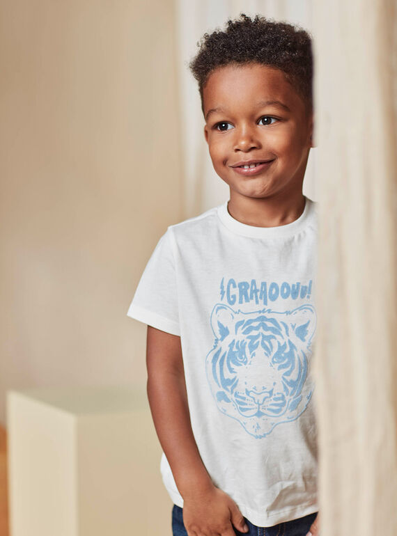 Child boy's ecru and light blue textured tiger t-shirt CAZOTAGE3 / 22E3PGF1TMC001
